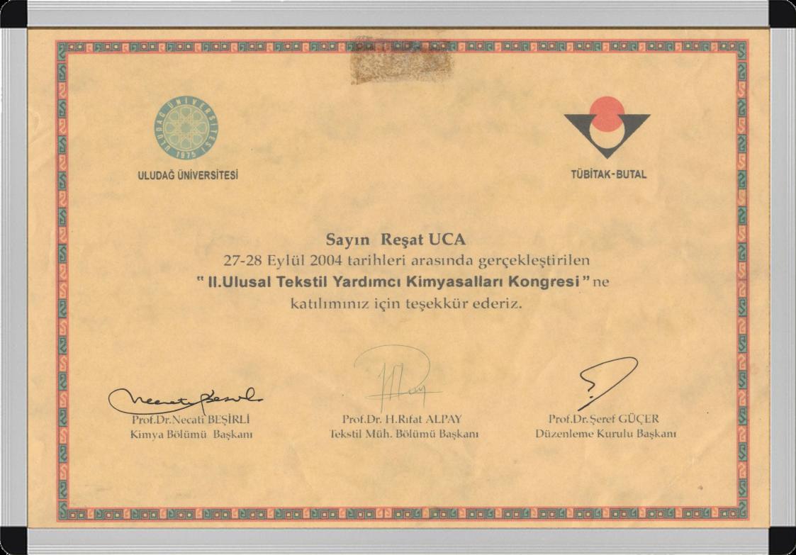 II. Ulusal Tekstil Yardımcı Kimyasalları Kongresi'2004 - Tübitak - Teşekkür Belgesi